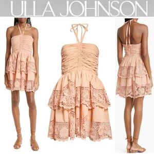 Ulla Johnson Peach Lace Tiered Mini Dress